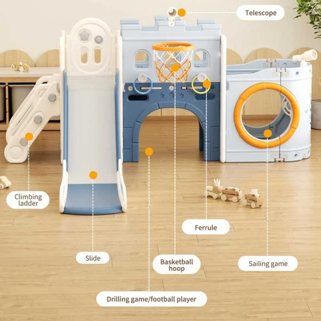 Multifunctional children's center Ship with slide, tunnel and basketball hoop - blue