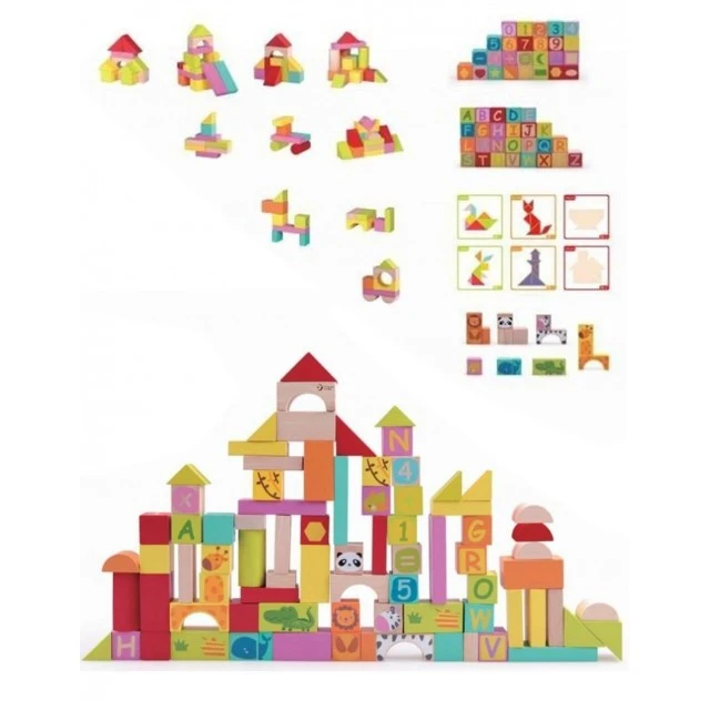 Educational constructor with different types of wooden blocks
