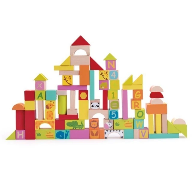 Educational constructor with different types of wooden blocks