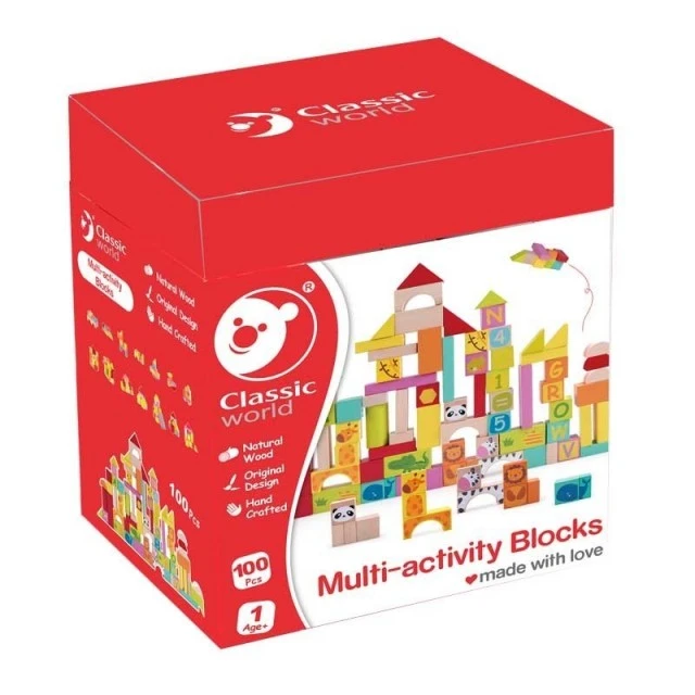 Educational constructor with different types of wooden blocks