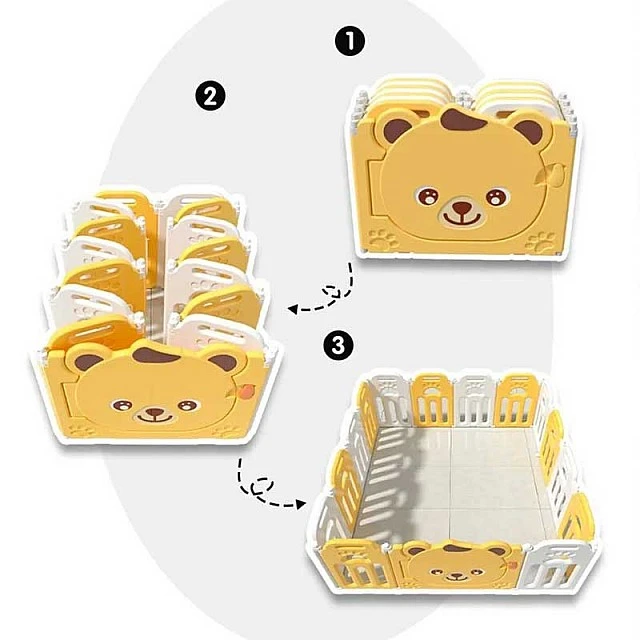 Foldable baby fence for safe play - Teddy bear in yellow color