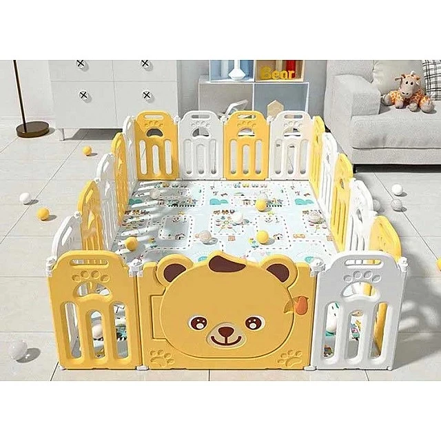Foldable baby fence for safe play - Teddy bear in yellow color