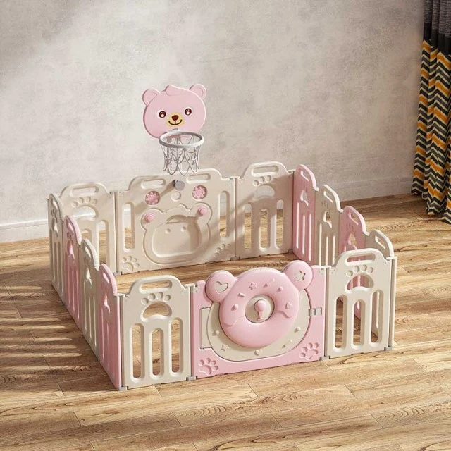 Foldable baby playpen with basketball hoop, Pink Bear
