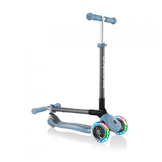 Globber Primo Foldable Lights Folding Scooter with Glowing Tires, Pastel Blue