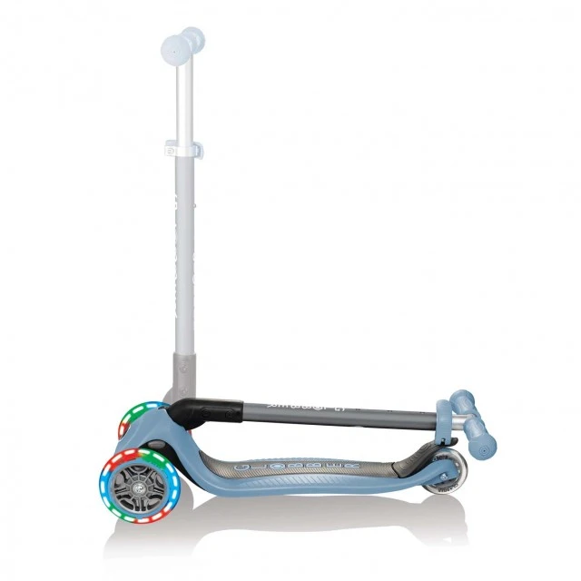 Globber Primo Foldable Lights Folding Scooter with Glowing Tires, Pastel Blue