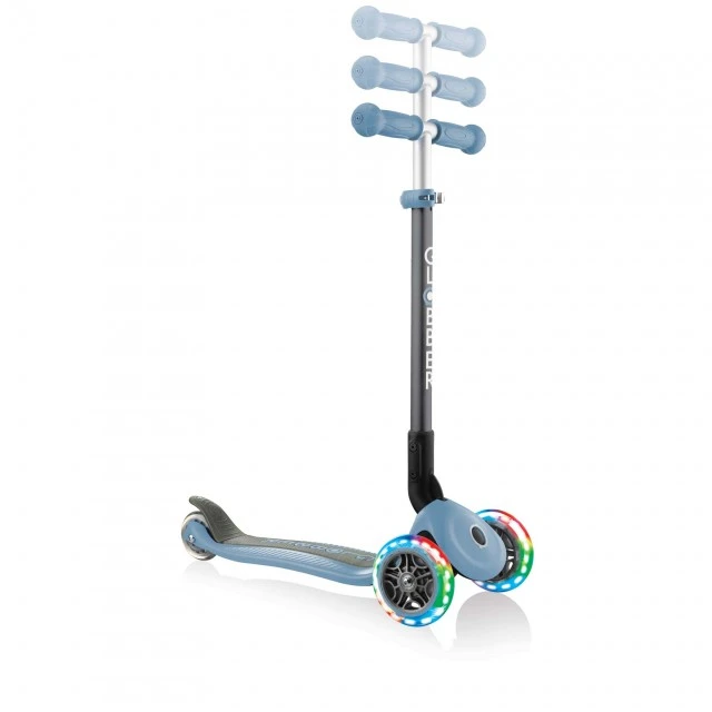 Globber Primo Foldable Lights Folding Scooter with Glowing Tires, Pastel Blue