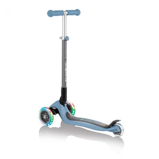 Globber Primo Foldable Lights Folding Scooter with Glowing Tires, Pastel Blue