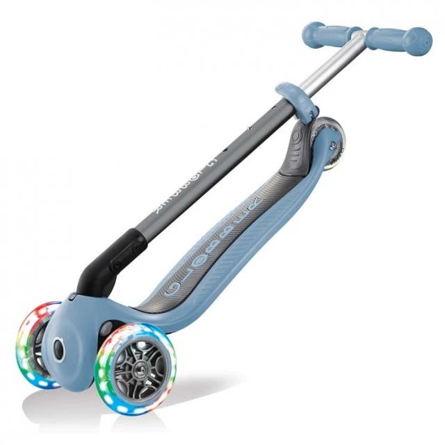 Globber Primo Foldable Lights Folding Scooter with Glowing Tires, Pastel Blue
