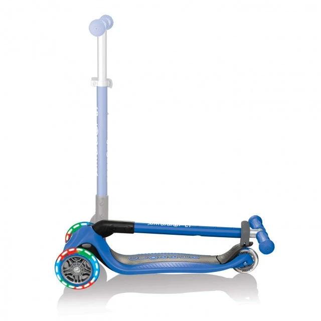 Globber Primo Foldable Lights Folding Scooter with Glowing Tires, Dark Blue