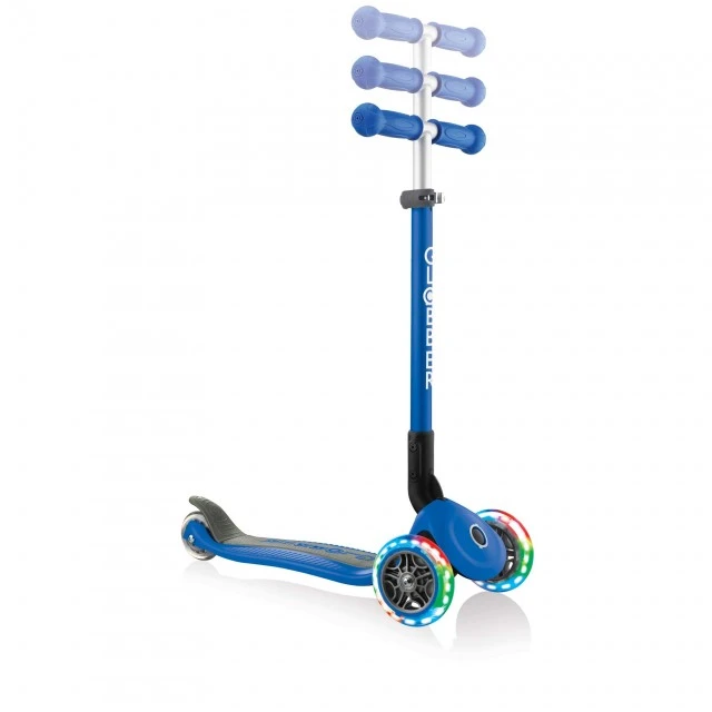 Globber Primo Foldable Lights Folding Scooter with Glowing Tires, Dark Blue