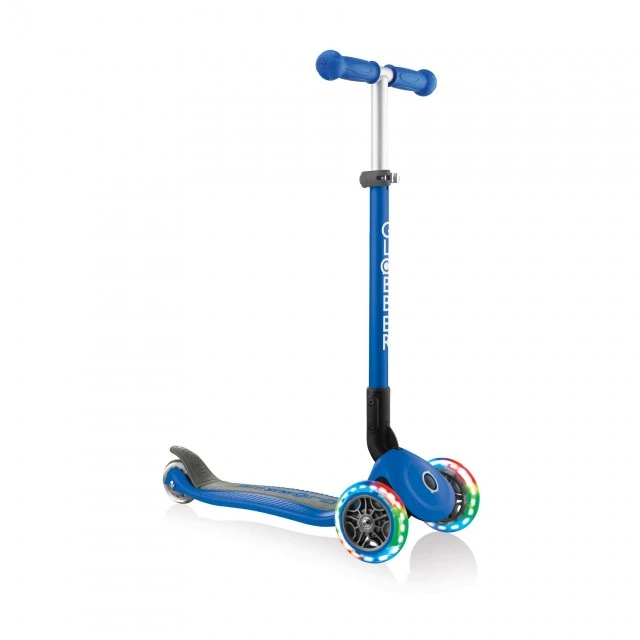Globber Primo Foldable Lights Folding Scooter with Glowing Tires, Dark Blue
