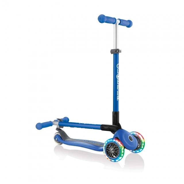 Globber Primo Foldable Lights Folding Scooter with Glowing Tires, Dark Blue