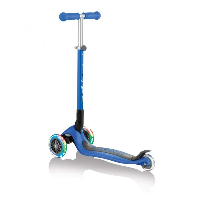 Globber Primo Foldable Lights Folding Scooter with Glowing Tires, Dark Blue