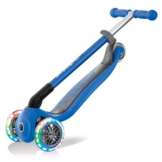 Globber Primo Foldable Lights Folding Scooter with Glowing Tires, Dark Blue