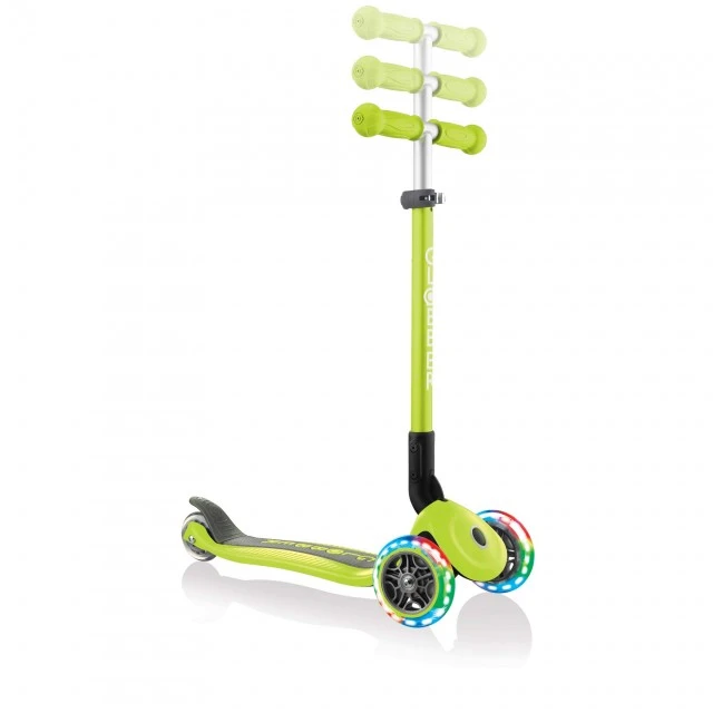 Globber Primo Foldable Lights Folding Scooter with Glowing Tires, Green