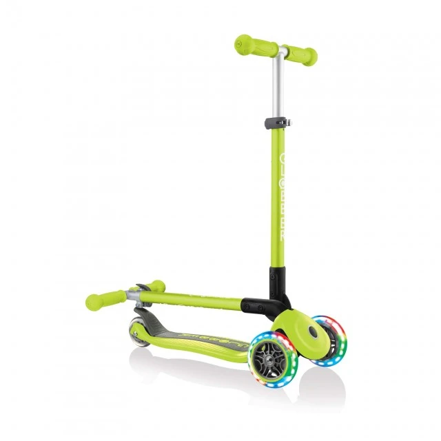 Globber Primo Foldable Lights Folding Scooter with Glowing Tires, Green
