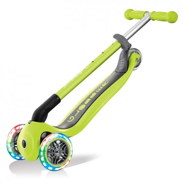 Globber Primo Foldable Lights Folding Scooter with Glowing Tires, Green