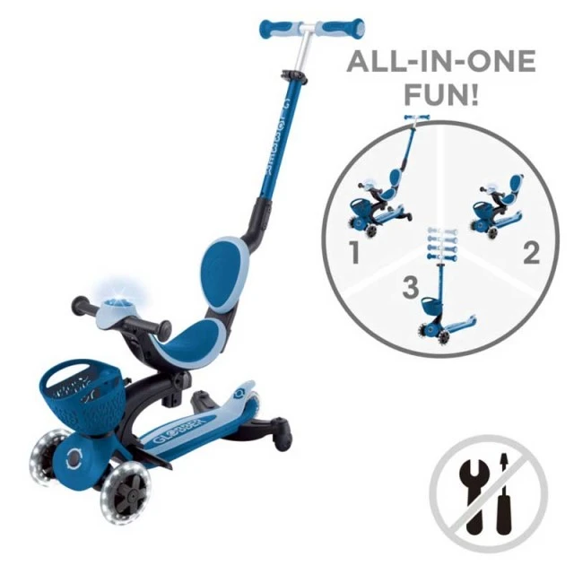 5-in-1 scooter GLOBBER GO UP BABY LEARN 360° FLASH LIGHTS, dark blue