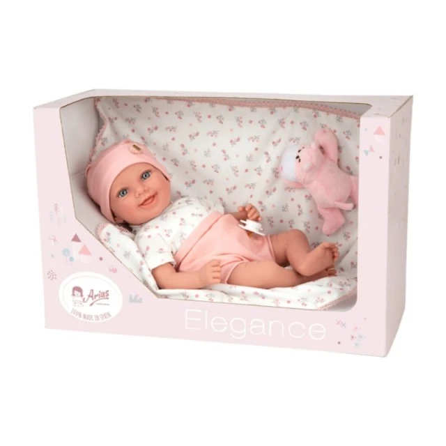Smiling baby doll Colleen in pink with blanket and plush toy, real weight - 40 cm
