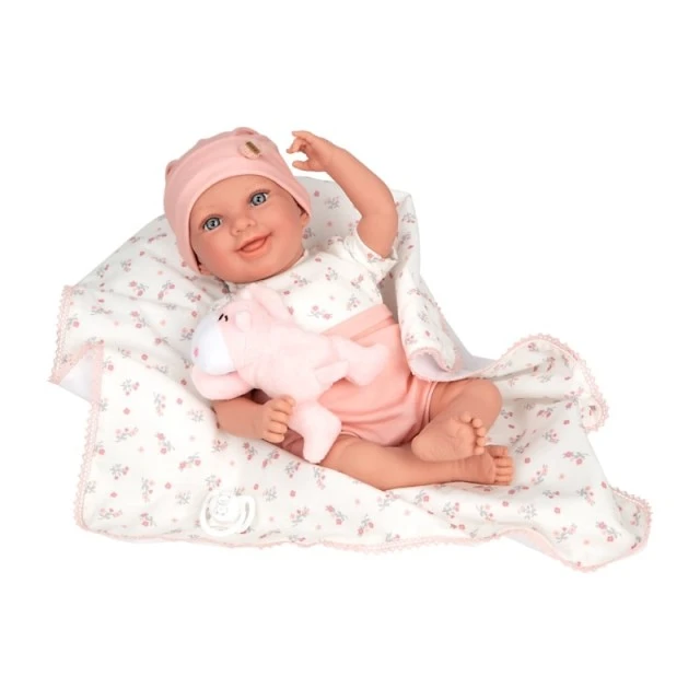 Smiling baby doll Colleen in pink with blanket and plush toy, real weight - 40 cm