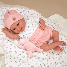 Smiling baby doll Colleen in pink with blanket and plush toy, real weight - 40 cm