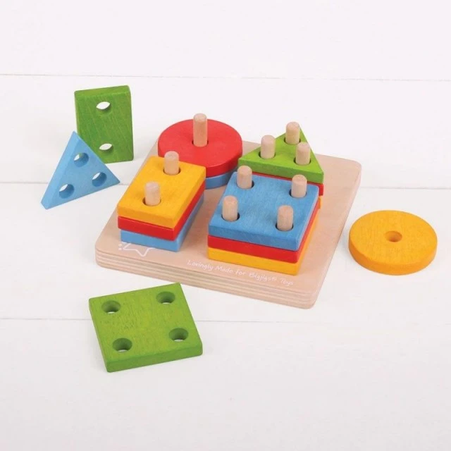 Wooden sorting puzzle with geometric shapes