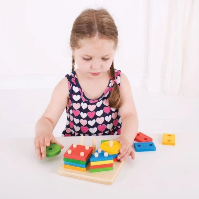 Wooden sorting puzzle with geometric shapes