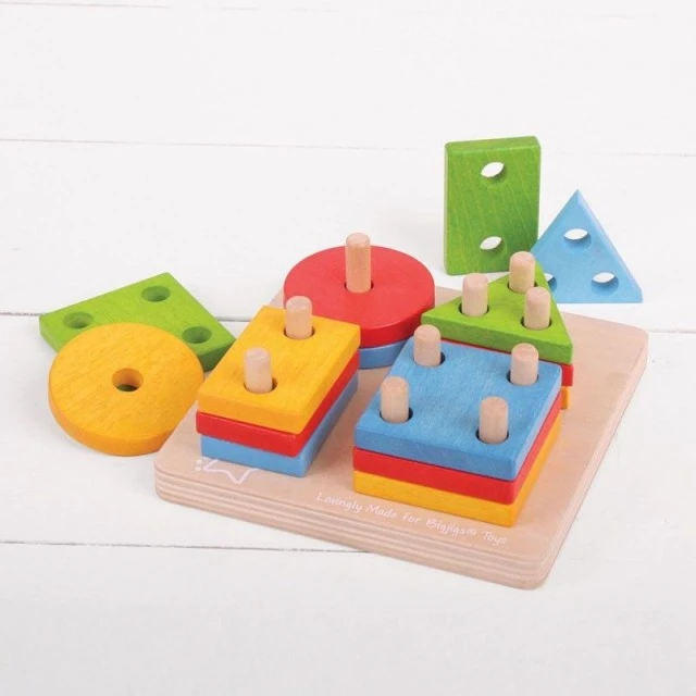 Wooden sorting puzzle with geometric shapes