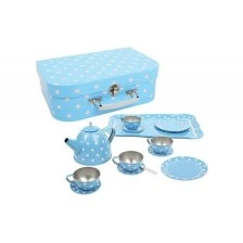 Blue tea set with small white dots