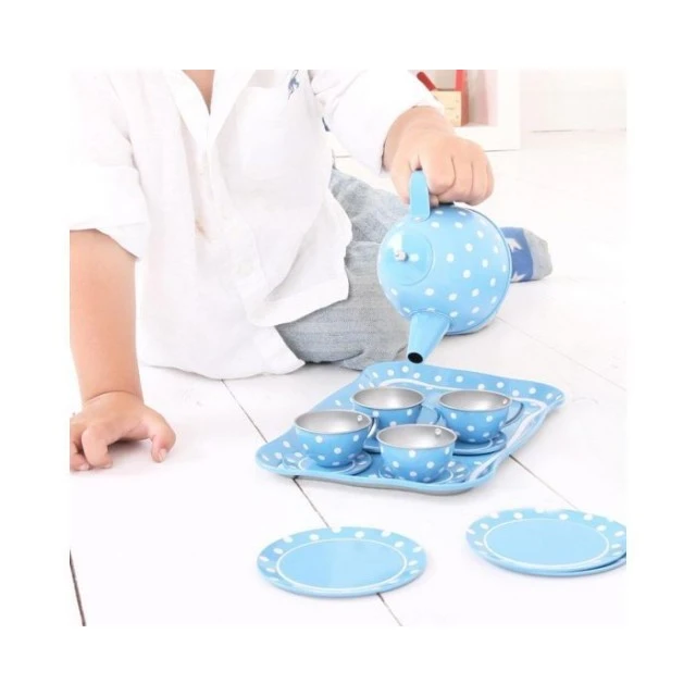 Blue tea set with small white dots