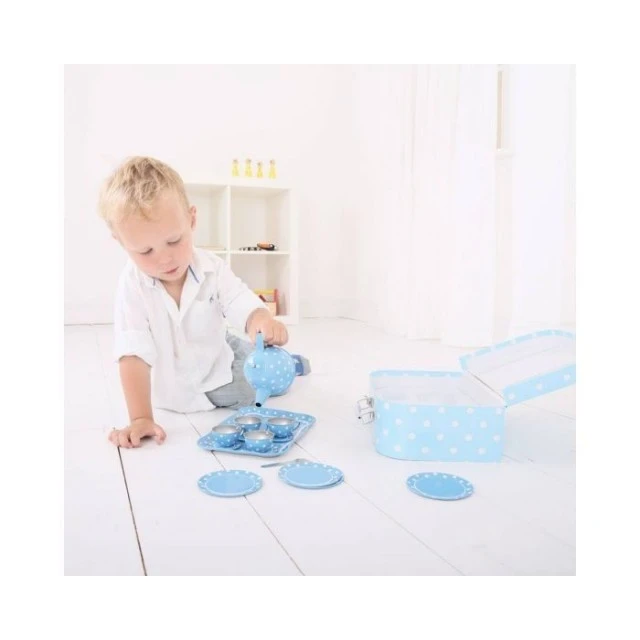 Blue tea set with small white dots