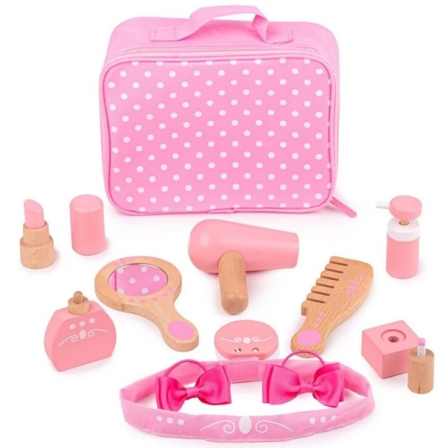 A wooden cosmetic set in a carrying case