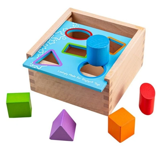 Wooden sorter with colorful geometric shapes