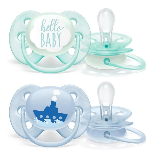 Ultra Soft pacifiers 0-6m blue with Boat and Hello decor