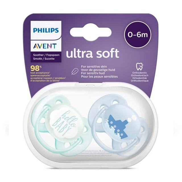Ultra Soft pacifiers 0-6m blue with Boat and Hello decor