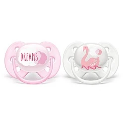 Ultra Soft pacifiers 0-6m in pink with Swan decor and Lettering