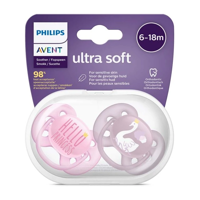 Ultra Soft pacifiers 6-18m pink with Swan and Princess decor
