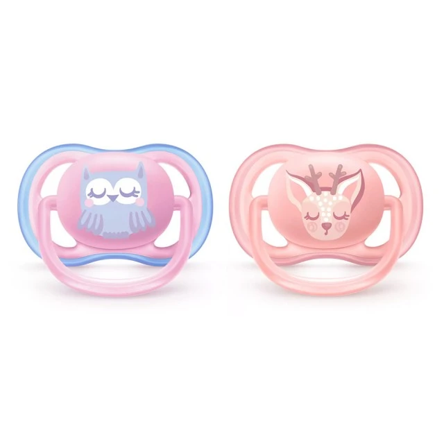 Ultra Air pacifiers 0-6m pink with Deer and Owl decor