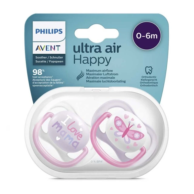 Залъгалки Ultra Air Happy 0-6м розови с декор Пеперуда и Love