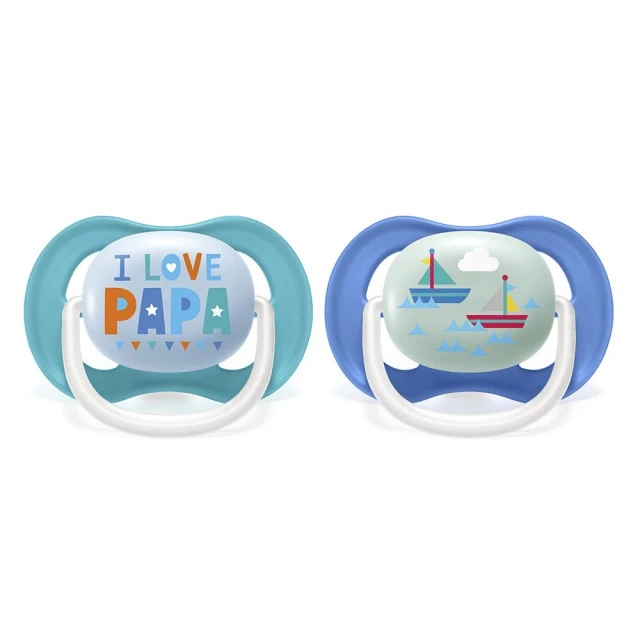 Pacifiers Ultra Air Happy 6-18m blue with inscription and Boat decor