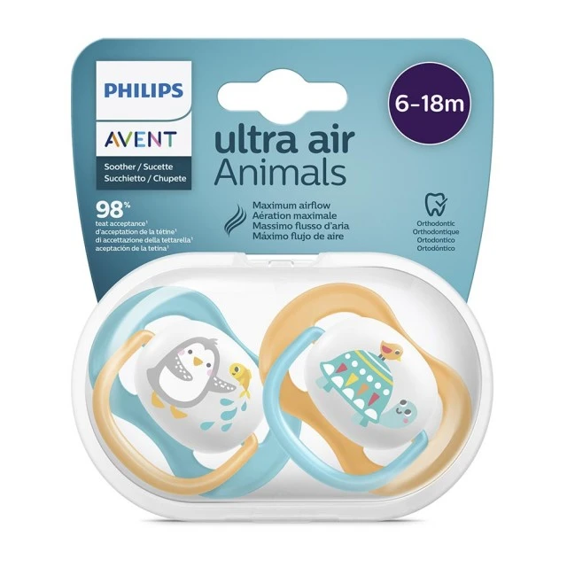 Ultra Air Animals pacifiers 6-18m with Penguin and Turtle decor