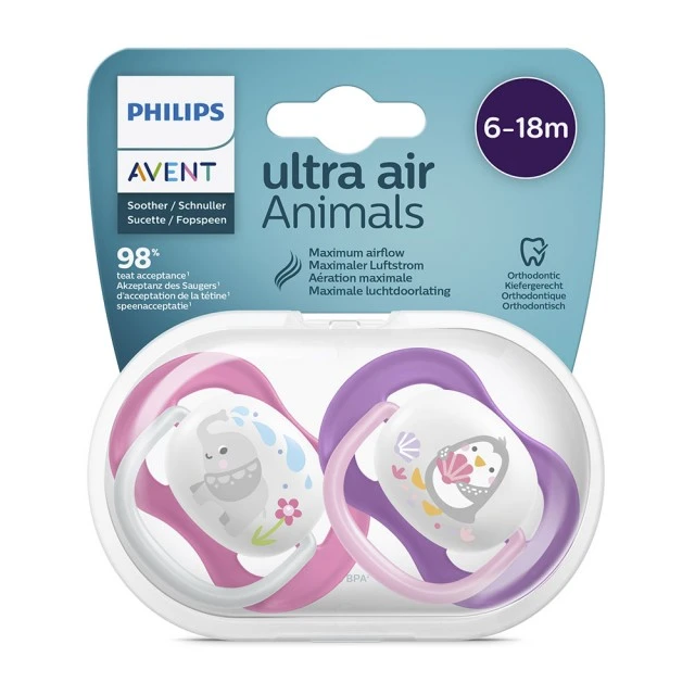 Ultra Air Animals pacifiers 6-18m with Elephant and Penguin decor