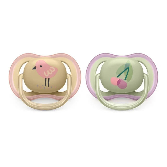 Pacifiers Ultra Air 0-6m blue with Cherry and Bird decor