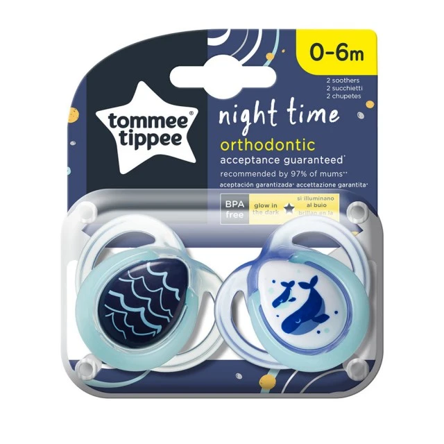 Tommee Tippee Orthodontic pacifiers NIGHT TIME 0-6m, 2 pcs/pack, Whales