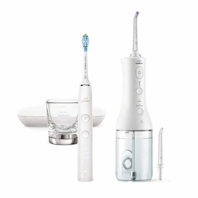 Комплект Орален душ Power Flosser 3000 и Звукочестотна четка за зъби DiamondClean 9000, HX3866/41, бели