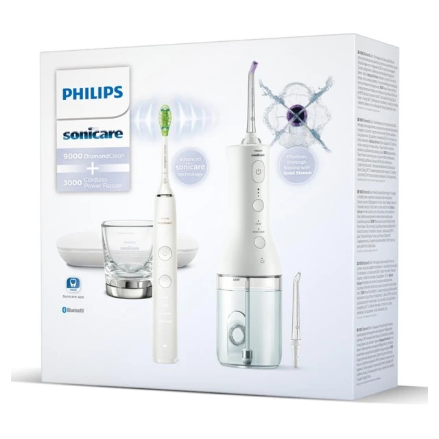 Комплект Орален душ Power Flosser 3000 и Звукочестотна четка за зъби DiamondClean 9000, HX3866/41, бели