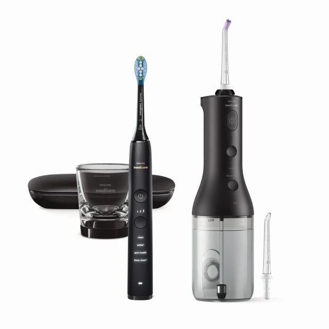 Комплект Орален душ Power Flosser 3000 и Звукочестотна четка за зъби DiamondClean 9000, HX3866/43, черни