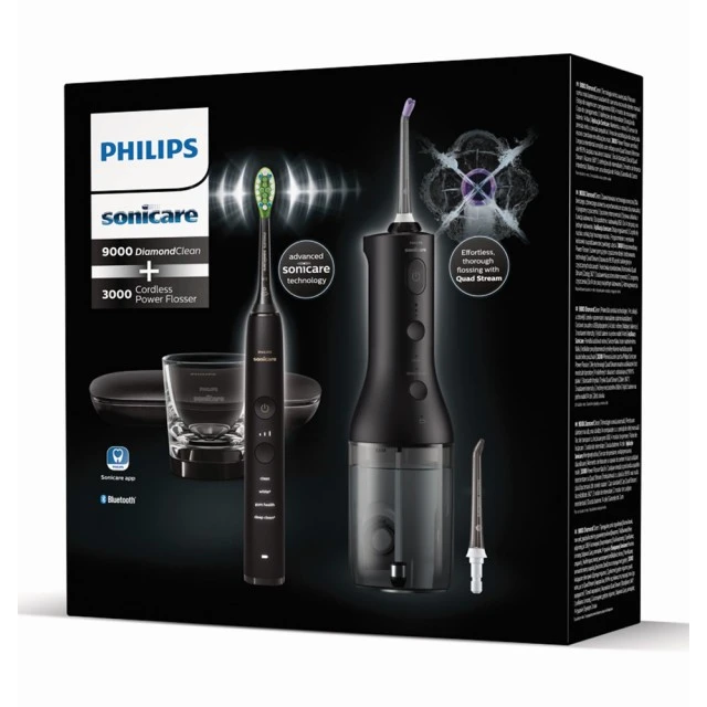 Комплект Орален душ Power Flosser 3000 и Звукочестотна четка за зъби DiamondClean 9000, HX3866/43, черни