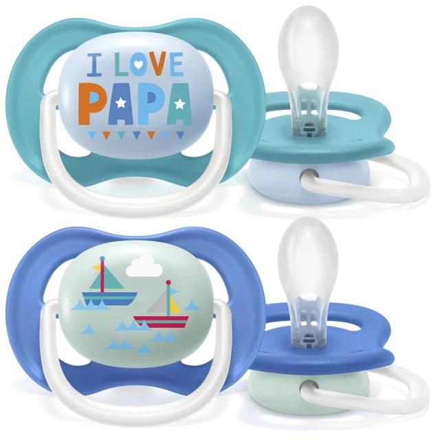 Pacifiers Ultra Air Happy 6-18m blue with inscription and Boat decor