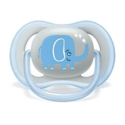 Ultra Air 6-18m single pacifier with blue elephant decor on a gray background